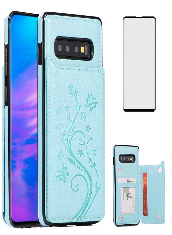 أسو ويش جراب هاتف سامسونج جالاكسي S10 بلس مع واقي شاشة من الزجاج المقوى وحامل بطاقات، غطاء محفظة، غطاء قلاب من الجلد، ملحقات هواتف محمولة، جالاكسي S10+، 10S، S10، 10 بلس، S10 بلس، جرابات للنساء والفتيات، أخضر - Image 1