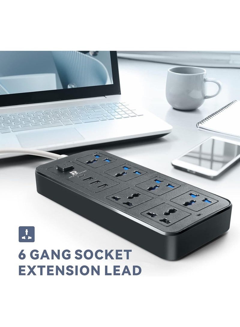 Rock Pow 10 Meters Universal Extension Cord Protector Power Strip with 6 Outlets, 3 USB-A Ports, 1 USB-C Port, Flat Plug, Wall Mountable, Desk USB Charging Station, Ideal for All Electronic Devices, Black, 230x105x33mm - Image 3