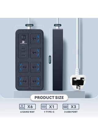 10 متر Universal Extension Cord Protector Power Strip مع 6 منافذ ، 3 منافذ USB-A ، 1 منفذ USB-C ، مسطحة التوصيل ، جدار قابل للتثبيت ، مكتب محطة شحن USB ، مثالية لجميع الأجهزة الإلكترونية ، أسود ، 230x105x33mm - view 2