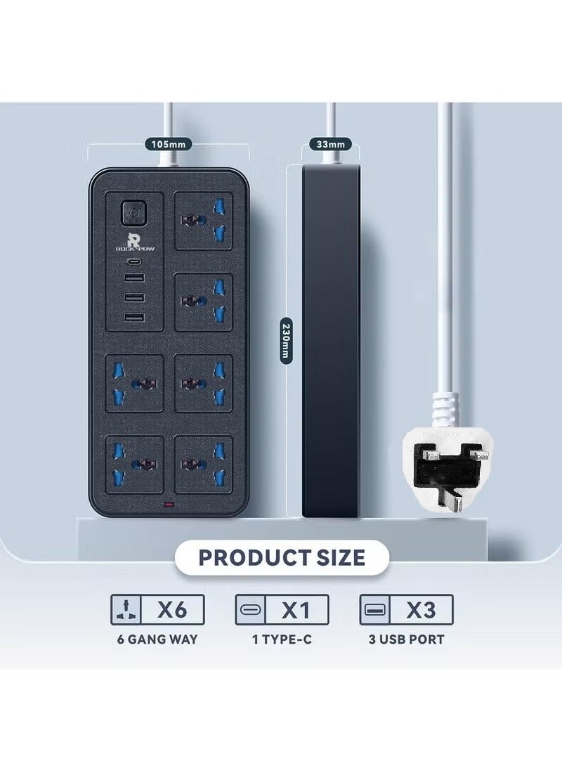 Rock Pow 10 Meters Universal Extension Cord Protector Power Strip with 6 Outlets, 3 USB-A Ports, 1 USB-C Port, Flat Plug, Wall Mountable, Desk USB Charging Station, Ideal for All Electronic Devices, Black, 230x105x33mm - Image 2