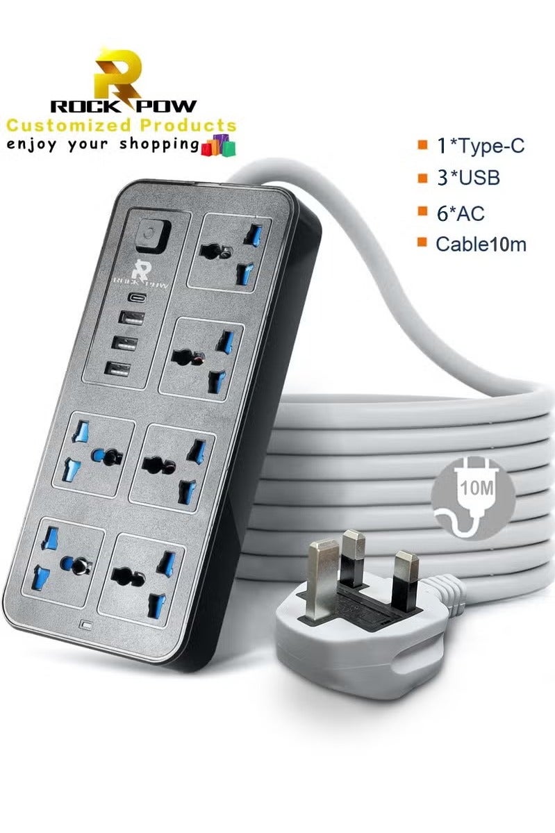 Rock Pow 10 Meters Universal Extension Cord Protector Power Strip with 6 Outlets, 3 USB-A Ports, 1 USB-C Port, Flat Plug, Wall Mountable, Desk USB Charging Station, Ideal for All Electronic Devices, Black, 230x105x33mm - Image 1