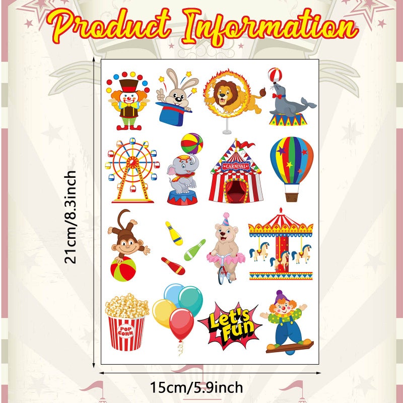 Maitys 288 Pcs Carnival Circus Tattoos for Kids, 48 Styles Temporary Tattoos Circus Theme Birthday Party Decorations Carnival Party Favors - Image 2