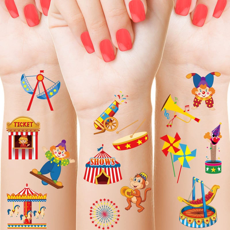 Maitys 288 Pcs Carnival Circus Tattoos for Kids, 48 Styles Temporary Tattoos Circus Theme Birthday Party Decorations Carnival Party Favors - Image 1