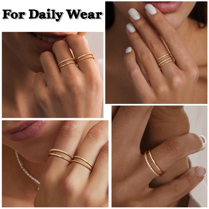 MILACOLATO 14K Gold Plated 1.3mm Thin Stackable Rings for Women - Minimalist Non Tarnish Half Cubic Zirconia Band Rings - Dainty Trendy Statement Stacking Rings Set Size 5-10 14K G7 - Image 4