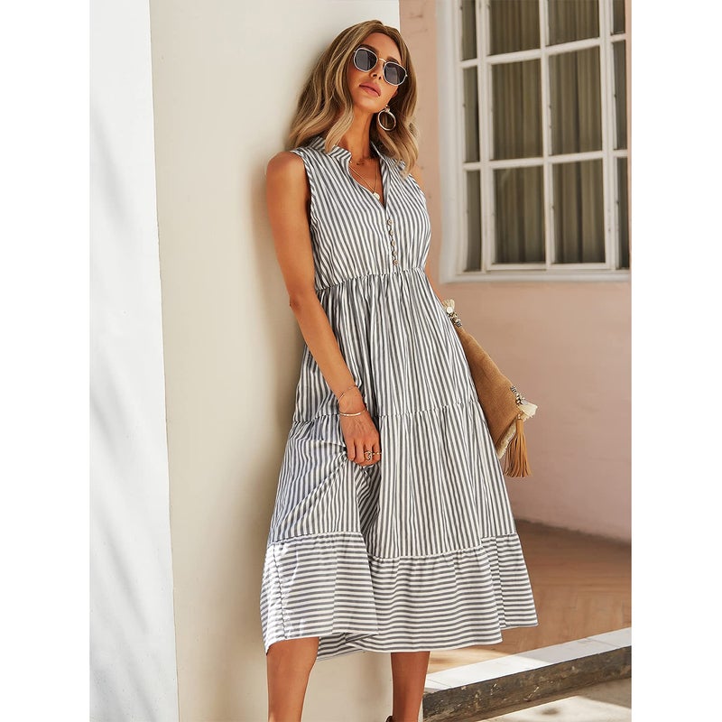 BROVAVE Womens 2025 Summer Sleeveless Shirt Dress Collar Striped V Neck Casual Midi Dresses Green - Image 2