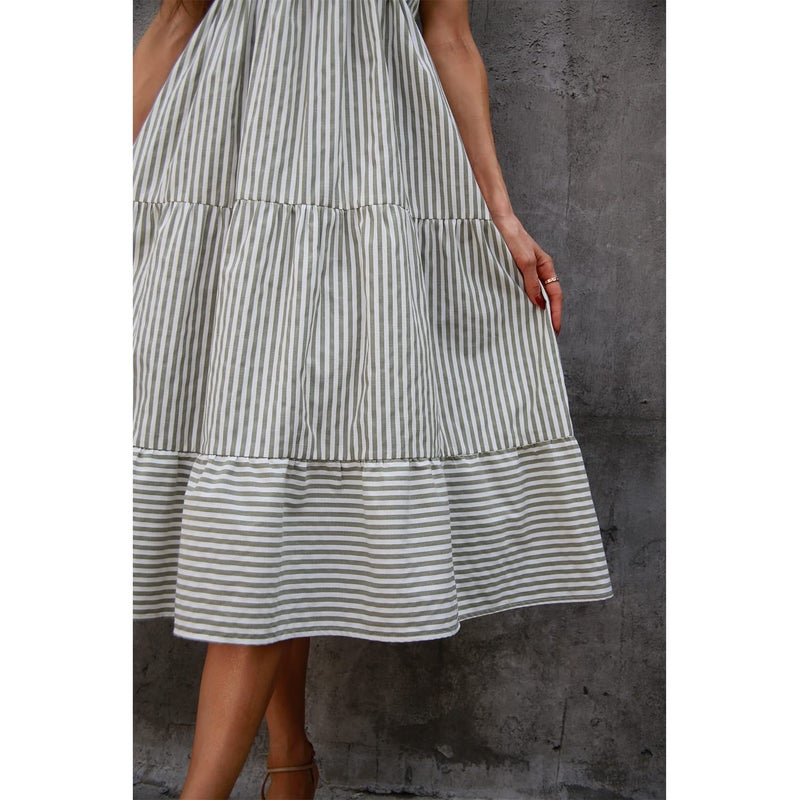 BROVAVE Womens 2025 Summer Sleeveless Shirt Dress Collar Striped V Neck Casual Midi Dresses Green - Image 5