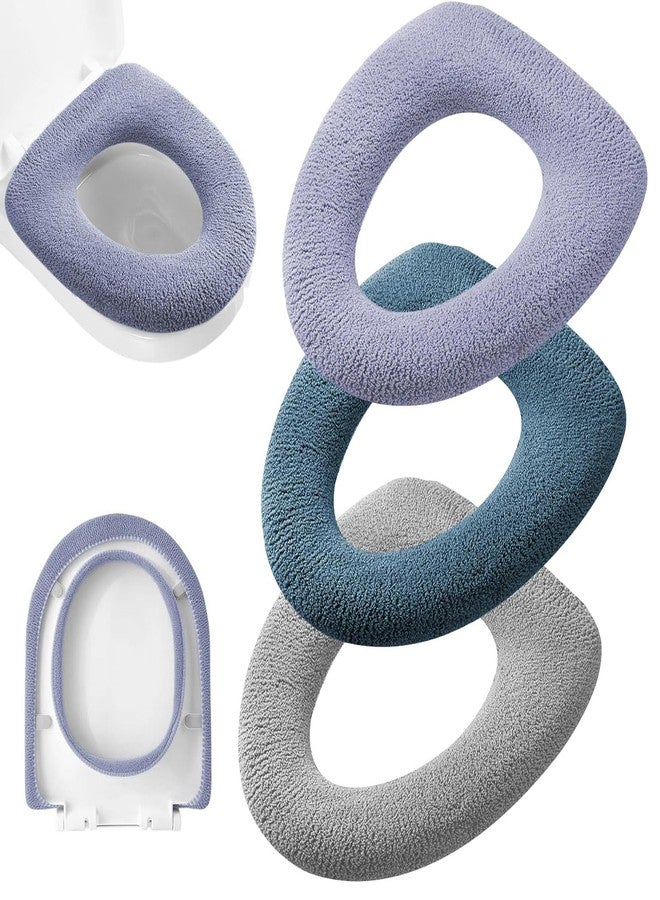 Guojanfon 3Pcs/Pack Bathroom Soft Thicker Warmer Stretchable Washable Cloth Toilet Seat Cover Pads (Light Purple, Dark Green, Gray) - Image 1