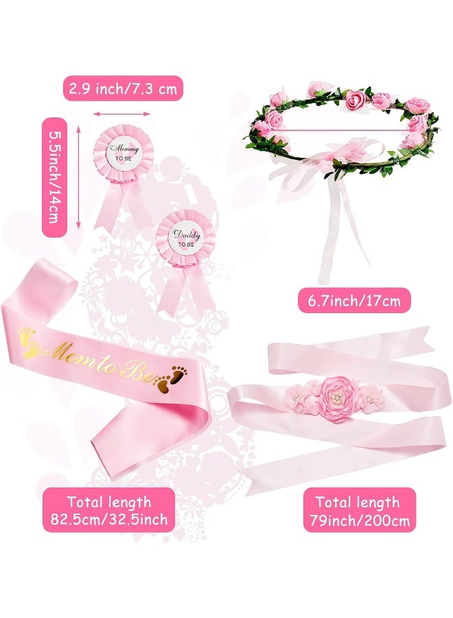 Xinnun 5 Pcs Baby Shower Maternity Sash Kit Shoulder Sash and Pin Daddy Corsages Flower Crown Pregnancy Sash Rose Wreath Headdress for Baby Shower Pregnancy Parents Prop Present Party Favor(Pink) - Image 2