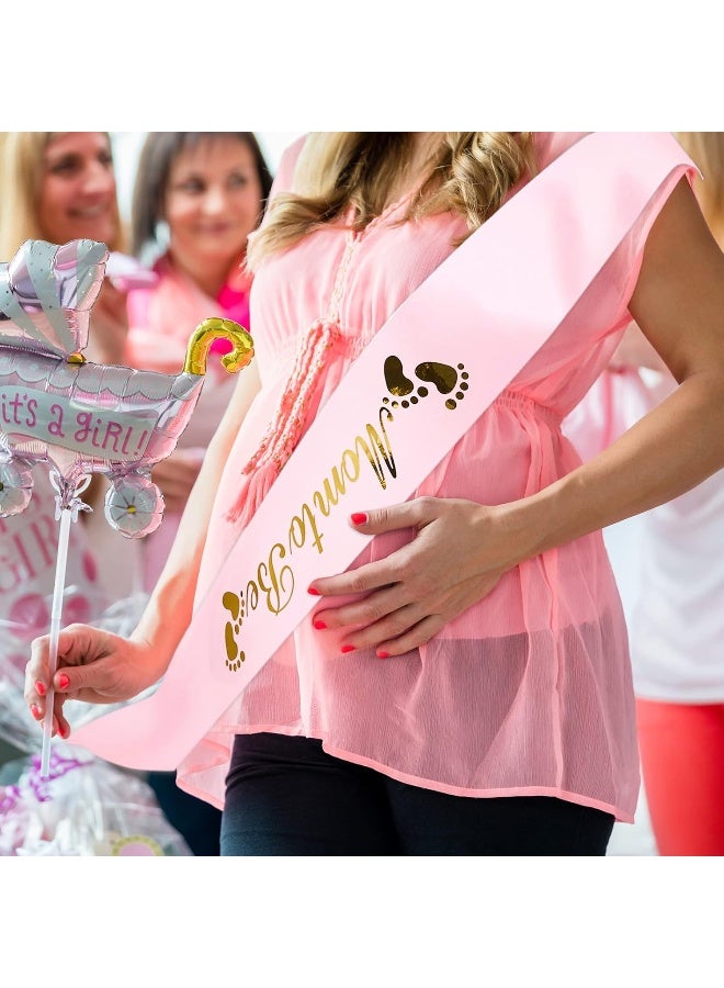 Xinnun 5 Pcs Baby Shower Maternity Sash Kit Shoulder Sash and Pin Daddy Corsages Flower Crown Pregnancy Sash Rose Wreath Headdress for Baby Shower Pregnancy Parents Prop Present Party Favor(Pink) - Image 5