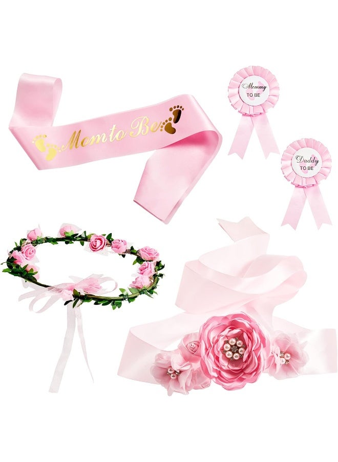 Xinnun 5 Pcs Baby Shower Maternity Sash Kit Shoulder Sash and Pin Daddy Corsages Flower Crown Pregnancy Sash Rose Wreath Headdress for Baby Shower Pregnancy Parents Prop Present Party Favor(Pink) - Image 1