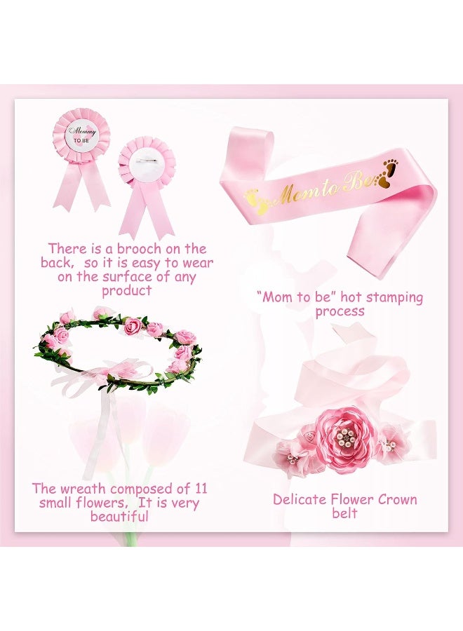 Xinnun 5 Pcs Baby Shower Maternity Sash Kit Shoulder Sash and Pin Daddy Corsages Flower Crown Pregnancy Sash Rose Wreath Headdress for Baby Shower Pregnancy Parents Prop Present Party Favor(Pink) - Image 3
