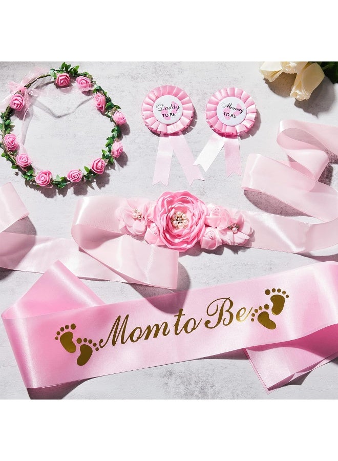 Xinnun 5 Pcs Baby Shower Maternity Sash Kit Shoulder Sash and Pin Daddy Corsages Flower Crown Pregnancy Sash Rose Wreath Headdress for Baby Shower Pregnancy Parents Prop Present Party Favor(Pink) - Image 4