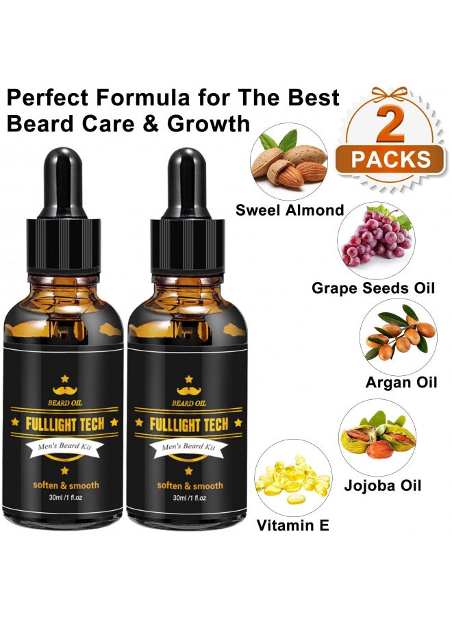 FULLLIGHT TECH 2 Pack Beard Oil for Men Growth 100% Natural Argan Oil,Jojoba Oil Leave in Conditioner Softener for Mustache Grooming Moisturizing
