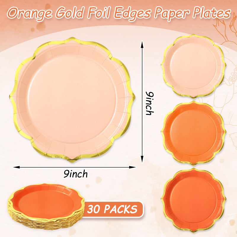 Whaline 30Pcs Orange Paper Plate Gold Foil Scalloped Disposable Plate Retro 3 Colors Dinner Plate For Fall Thanksgiving Party Supplies Table Decor  9 Inch - Image 2