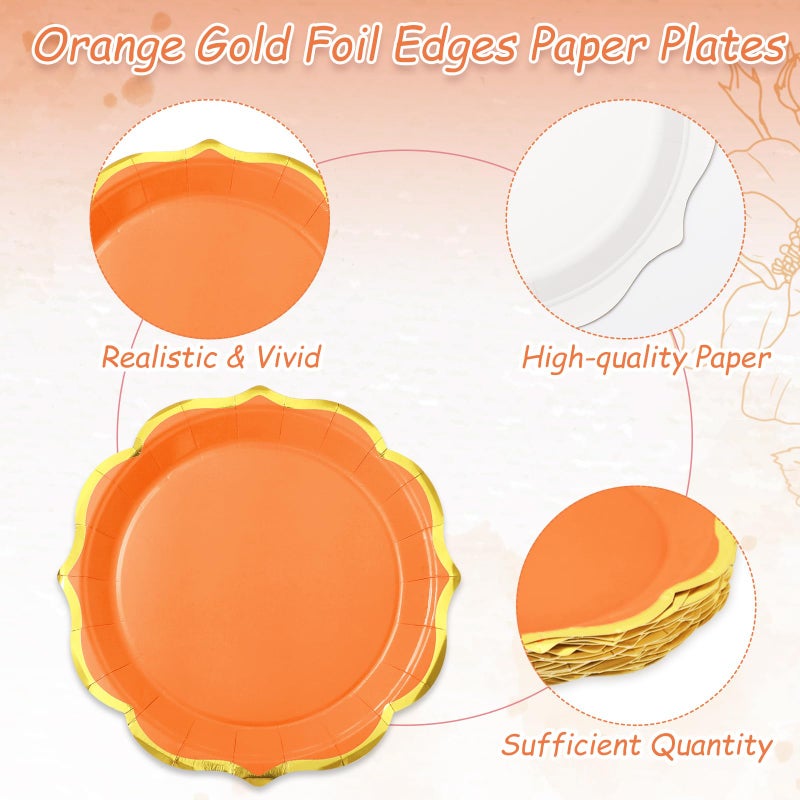Whaline 30Pcs Orange Paper Plate Gold Foil Scalloped Disposable Plate Retro 3 Colors Dinner Plate For Fall Thanksgiving Party Supplies Table Decor  9 Inch - Image 3