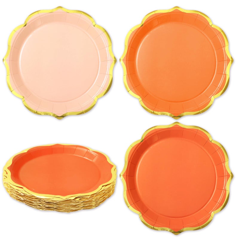 Whaline 30Pcs Orange Paper Plate Gold Foil Scalloped Disposable Plate Retro 3 Colors Dinner Plate For Fall Thanksgiving Party Supplies Table Decor  9 Inch - Image 1