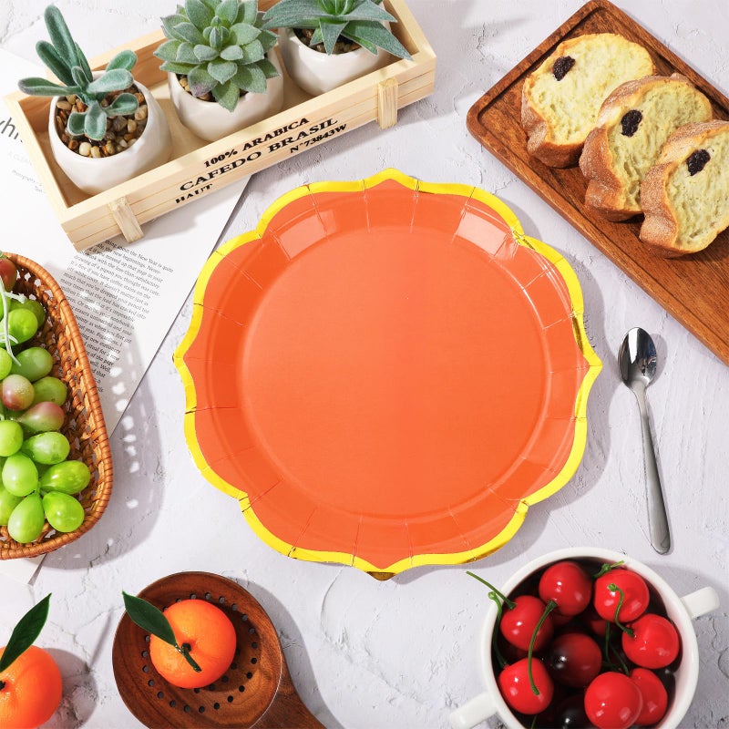 Whaline 30Pcs Orange Paper Plate Gold Foil Scalloped Disposable Plate Retro 3 Colors Dinner Plate For Fall Thanksgiving Party Supplies Table Decor  9 Inch - Image 4