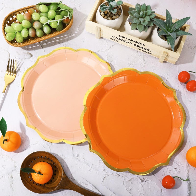 Whaline 30Pcs Orange Paper Plate Gold Foil Scalloped Disposable Plate Retro 3 Colors Dinner Plate For Fall Thanksgiving Party Supplies Table Decor  9 Inch - Image 5