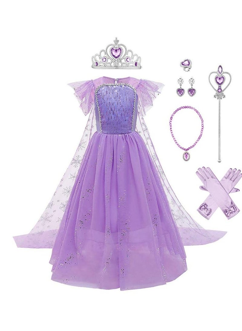 شو وو Girls Snow Queen Princess Fancy Dress Up Sequin Tulle Long with Accessories for Kids Birthday Party Carnival Cosplay 7-8 Years 51.0" / 130cm (purple) - Image 1
