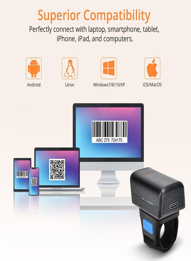 JRHC 1D 2D Bluetooth Portable Ring Barcode Scanner, Wearable Mini Barcode Reader with Wireless 2.4Ghz &Bluetooth &USB Wired 3 in 1, Connectable Windows/Mac OS/Android - Image 5