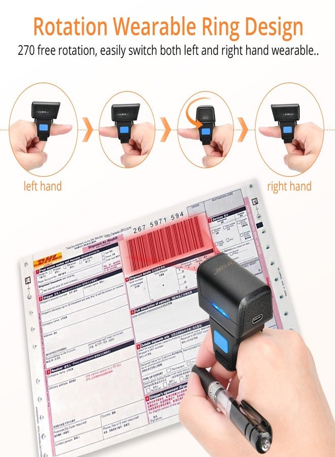 JRHC 1D 2D Bluetooth Portable Ring Barcode Scanner, Wearable Mini Barcode Reader with Wireless 2.4Ghz &Bluetooth &USB Wired 3 in 1, Connectable Windows/Mac OS/Android - Image 2