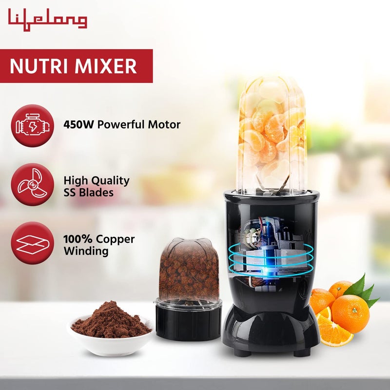 Lifelong Regalia PowerNutri MixerGrinderBlenderShaker 2 Stainless Steel Blades2 Unbreakable Jars 450 W Powerful Copper Motor Black 1 Year warranty LLNBB001 - Image 3
