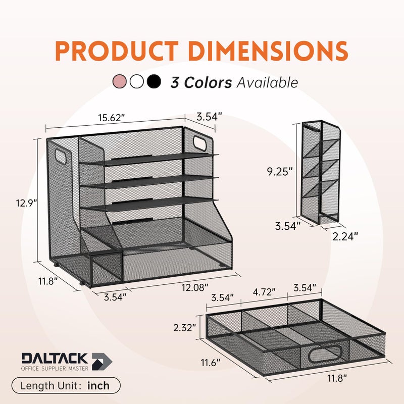 DALTACK Mesh Desk Organizer, 5-Tier Paper Letter Tray with File Holder & Pen Holder & Sliding Drawer, Desktop Organizer and Storage for Desk Accessories Office Supplies, Black - Image 3