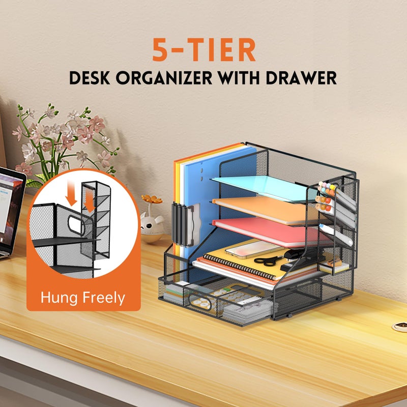 DALTACK Mesh Desk Organizer, 5-Tier Paper Letter Tray with File Holder & Pen Holder & Sliding Drawer, Desktop Organizer and Storage for Desk Accessories Office Supplies, Black - Image 4