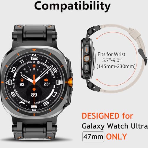 WINGLE Compatible for Galaxy Watch Ultra Bands 47mm 2025/2024 Men Sport Silicone Rubber Band, Armor Military Rugged Samsung Galaxy Watch Ultra Band Stainless Steel Metal Connector, Black/Starlight - Image 5