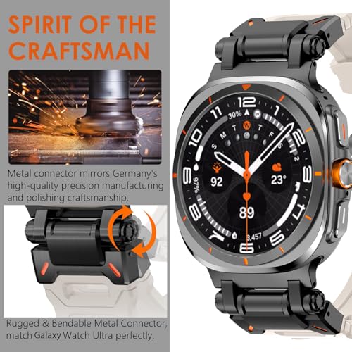 WINGLE Compatible for Galaxy Watch Ultra Bands 47mm 2025/2024 Men Sport Silicone Rubber Band, Armor Military Rugged Samsung Galaxy Watch Ultra Band Stainless Steel Metal Connector, Black/Starlight - Image 2