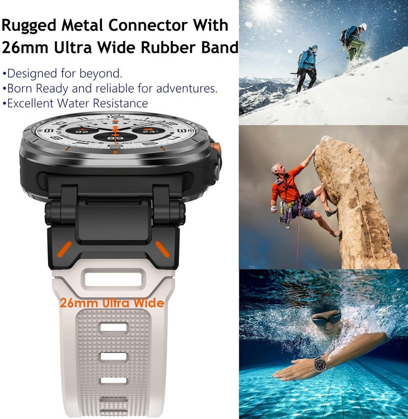 WINGLE Compatible for Galaxy Watch Ultra Bands 47mm 2025/2024 Men Sport Silicone Rubber Band, Armor Military Rugged Samsung Galaxy Watch Ultra Band Stainless Steel Metal Connector, Black/Starlight - Image 4