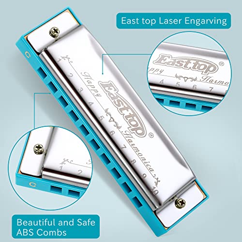 East top Harmonica, Diatonic 10 Holes C Key, Blues, for Beginner, Kids, Children, Students, Gift, with Case, Clean Cloth and Manual - Image 2