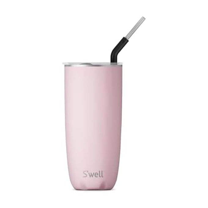 S'well Stainless Steel Tumbler with Straw and Slide-Open Lid, 24oz, Pink Topaz, Triple Layered Vacuum Insulated Containers Keeps Drinks Cold for 18 Hours and Hot for 5, BPA Free
