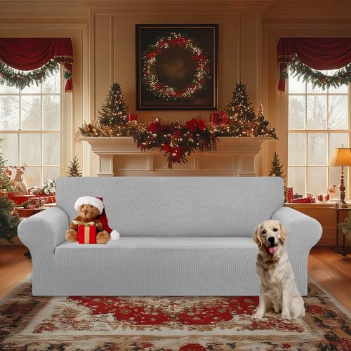 KEKUOU Stretch Oversized Sofa Slipcover 1 Piece Couch Sofa Cover (94"-110") Furniture Protector 4 Seater Sofa with Elastic Bottom for Kids,Pet.Jacquard Checked Pattern Fabric(X Large,Silver) - Image 2
