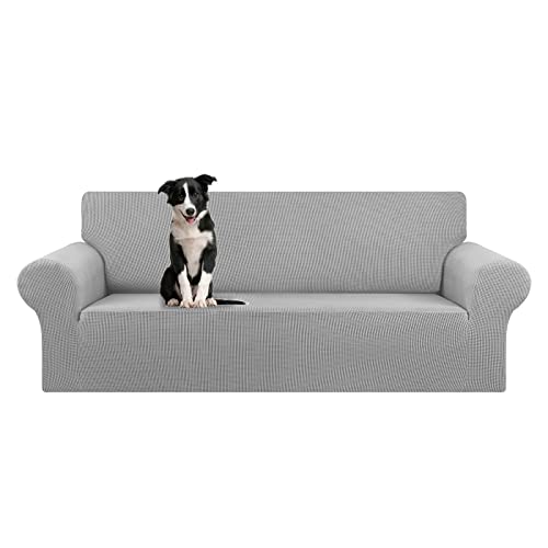 KEKUOU Stretch Oversized Sofa Slipcover 1 Piece Couch Sofa Cover (94"-110") Furniture Protector 4 Seater Sofa with Elastic Bottom for Kids,Pet.Jacquard Checked Pattern Fabric(X Large,Silver) - Image 1