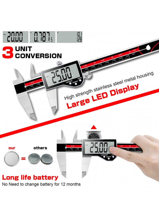 Qfun Digital Caliper Electronic Caliper Measuring Tool Precision Digital Vernier Caliper Inch/Millimeter/Fraction Measurement Micrometer for Jewelry - Metal Metric Measure Caliper for Engineer Carpenter - Image 2