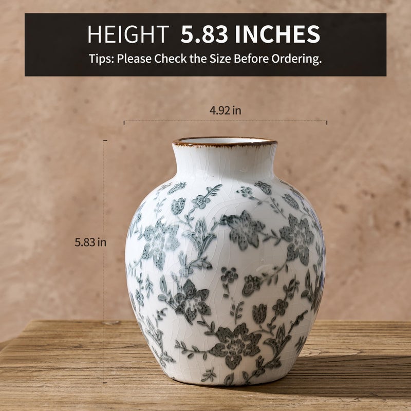 SIDUCAL Ceramic Vintage Vase, 5.83 Inch Retro Ice Cracked Chinoiserie Floral Vase, Rustic Farmhouse Vases for Home Decor, Bookshelf, Garden, Chinoiserie Decor, Tuscan Decor, Gray Floral Pattern - Image 2