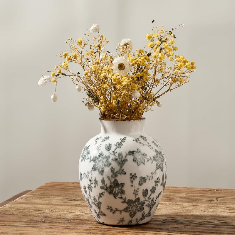 SIDUCAL Ceramic Vintage Vase, 5.83 Inch Retro Ice Cracked Chinoiserie Floral Vase, Rustic Farmhouse Vases for Home Decor, Bookshelf, Garden, Chinoiserie Decor, Tuscan Decor, Gray Floral Pattern - Image 1