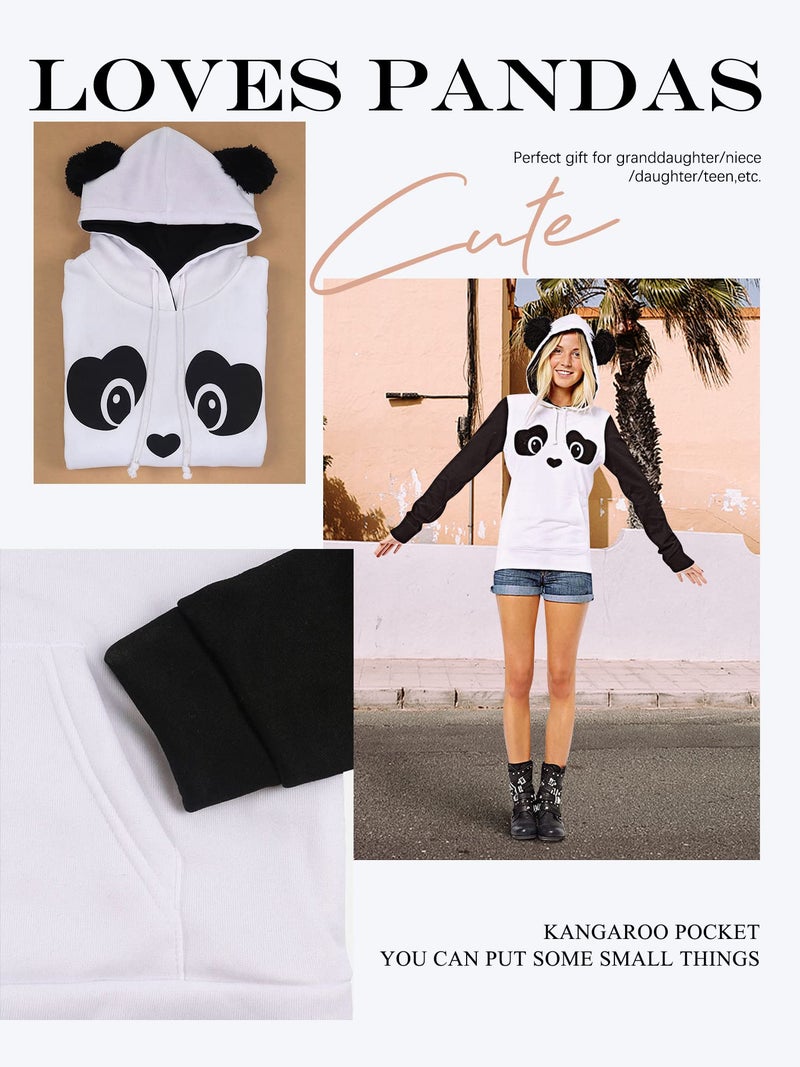 ZXZY Women Cute Cotton Blend Long Sleeve Panda Print Hoodies Pullover Tops White - Image 3