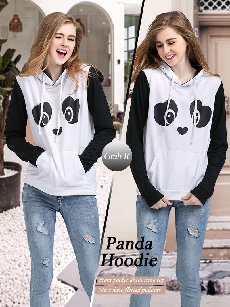 ZXZY Women Cute Cotton Blend Long Sleeve Panda Print Hoodies Pullover Tops White - Image 4