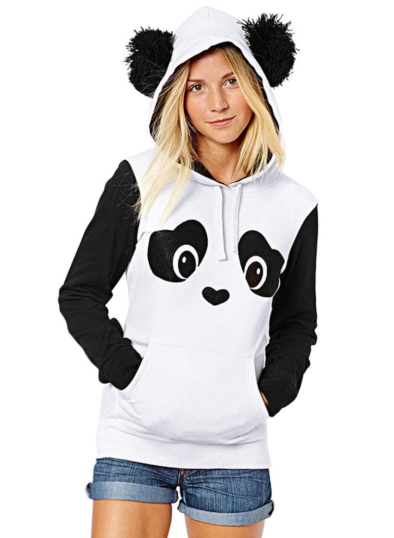 ZXZY Women Cute Cotton Blend Long Sleeve Panda Print Hoodies Pullover Tops White - Image 1