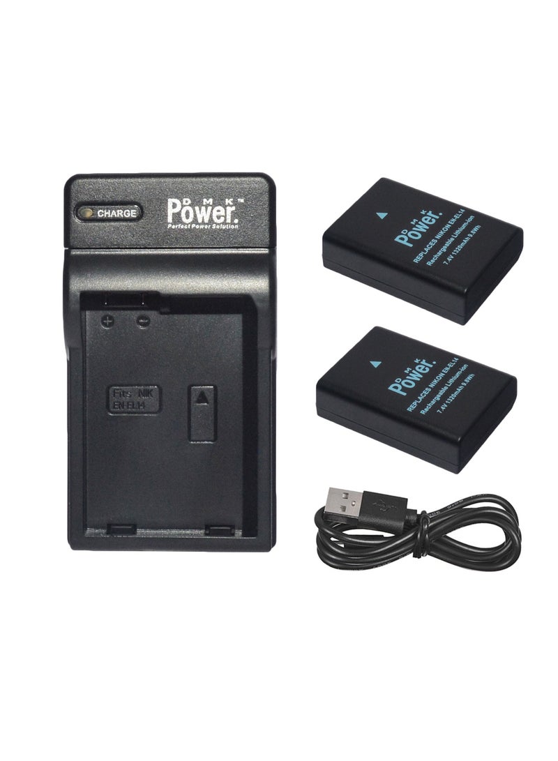 DMK Power EN-EL14 1320mAh 2Pack Battery and Single Slot USB Battery Charger Compatible with D3100 D3200 D3300 D5100 D5300 P7800 camera battery - Image 1