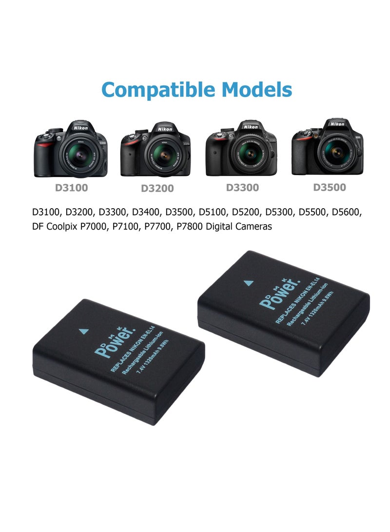 DMK Power EN-EL14 1320mAh 2Pack Battery and Single Slot USB Battery Charger Compatible with D3100 D3200 D3300 D5100 D5300 P7800 camera battery - Image 2