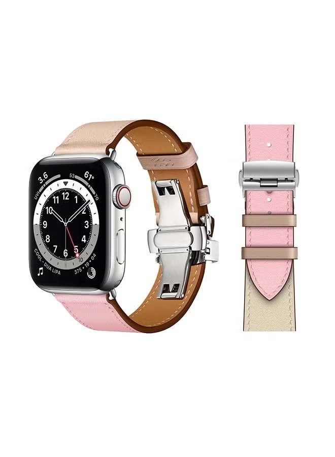 إيف سوار بديل من الجلد الطبيعي بإبزيم فضي لسلسلة ساعات أبل 6 / SE / 5/4/3/2/1 44 / 42mm وردي / بيج