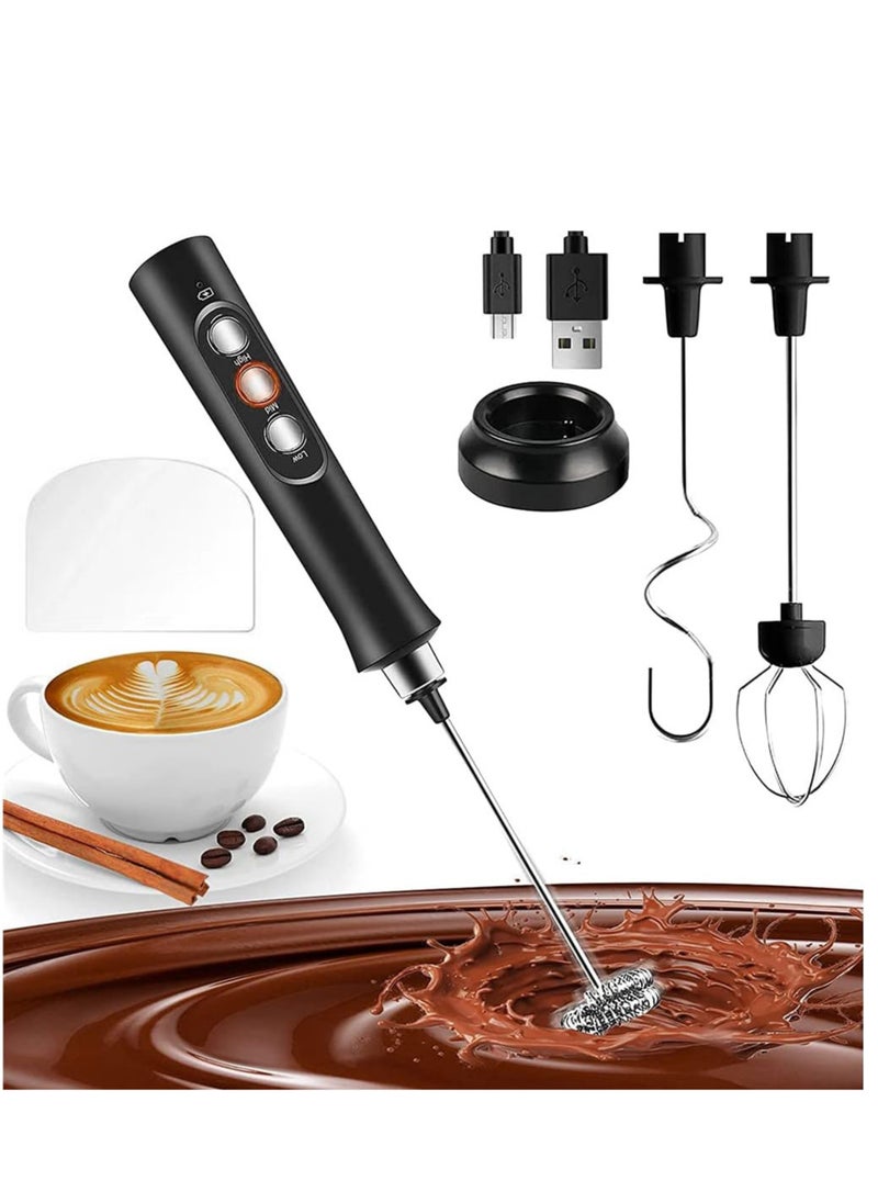 Generic Milk Frother quiet Hand held Frother Whisk, USB Recharge able 3 Speeds for Cappuccino,Lattes,Egg Mix, Matcha, Hot Chocolate, 3 Stainless Steel Whisks (Black)  - Image 1