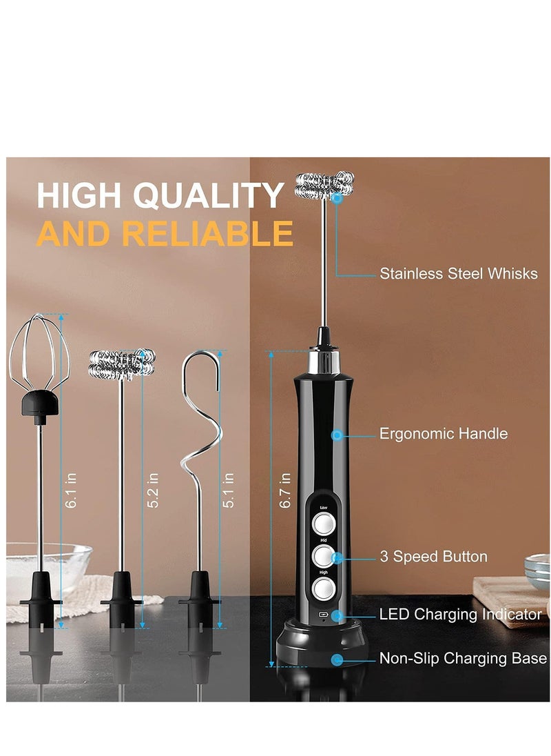 Generic Milk Frother quiet Hand held Frother Whisk, USB Recharge able 3 Speeds for Cappuccino,Lattes,Egg Mix, Matcha, Hot Chocolate, 3 Stainless Steel Whisks (Black)  - Image 2