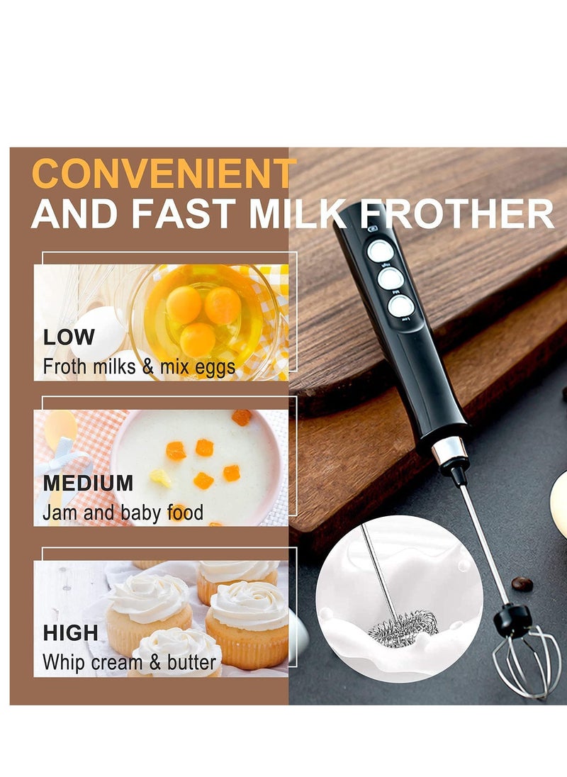 Generic Milk Frother quiet Hand held Frother Whisk, USB Recharge able 3 Speeds for Cappuccino,Lattes,Egg Mix, Matcha, Hot Chocolate, 3 Stainless Steel Whisks (Black)  - Image 4