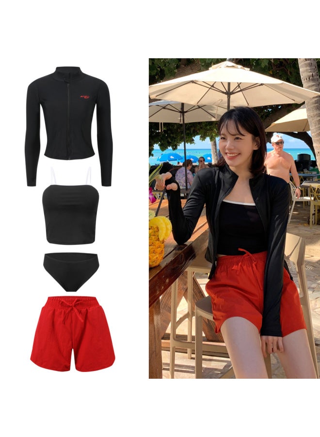 New Long-sleeve Plus-size Conservative Slimming Tummy-control Hot Spring Swimwear For Women, Separate Style With Boy Shorts