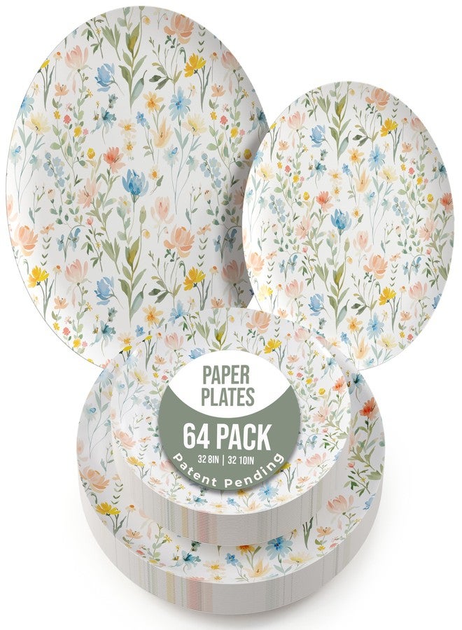 Trendables Heavy Duty Paper Plates Set For 32 Guests - 32 Each Of 8-inch And 10-inch Disposable Plates For Party - Fancy 64 Piece Dinnerware Set For All Occasions | Floral Design, Petite Fleur - Image 1