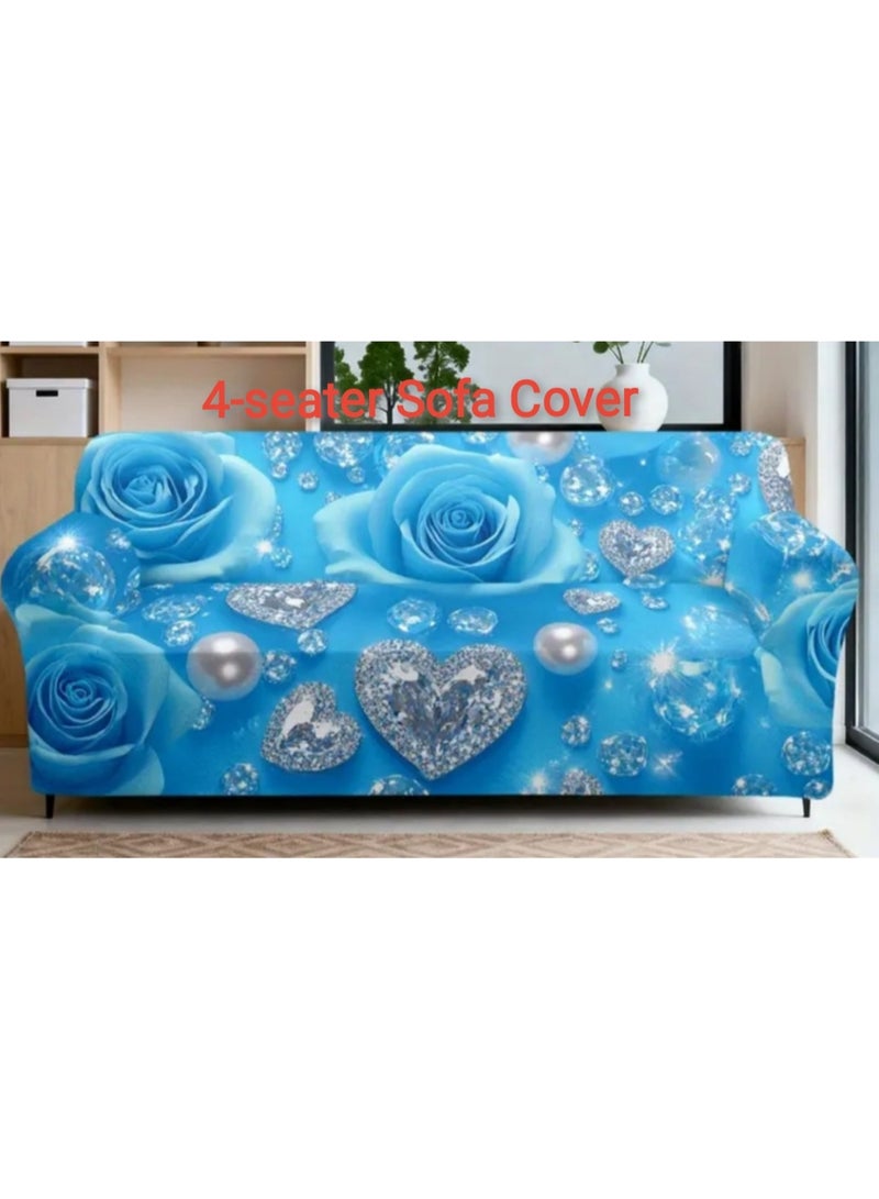 Light Luxury-style Sofa Cover Made From  Elastic Machine Washable Fabric Featuring Blue Colour Roses With Sparkling Hearts Held By Shoulder Straps To Prevent Movement - Image 1